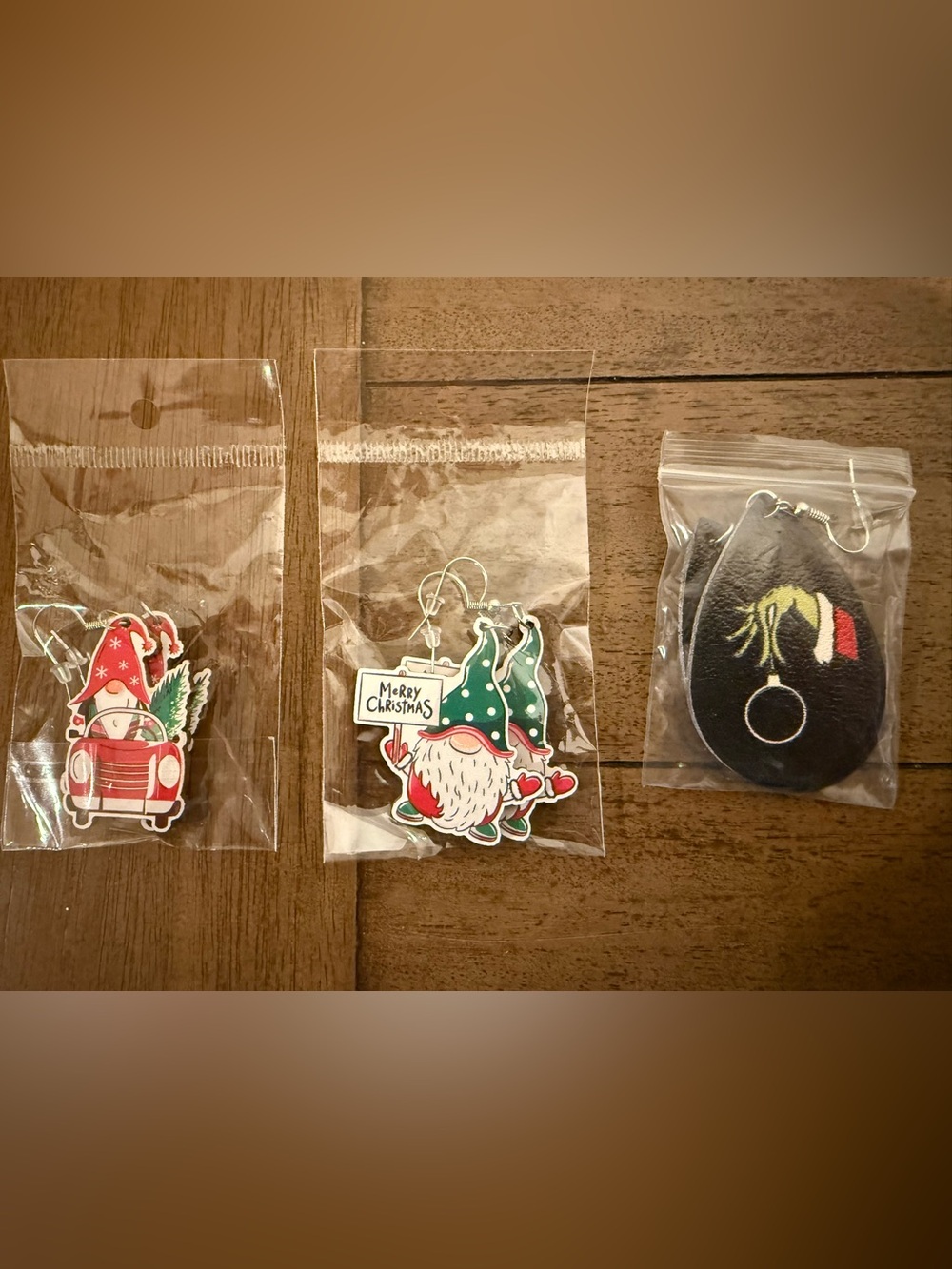 Gnome and Grinch Dangle Earrings — Red & Green Christmas Design
